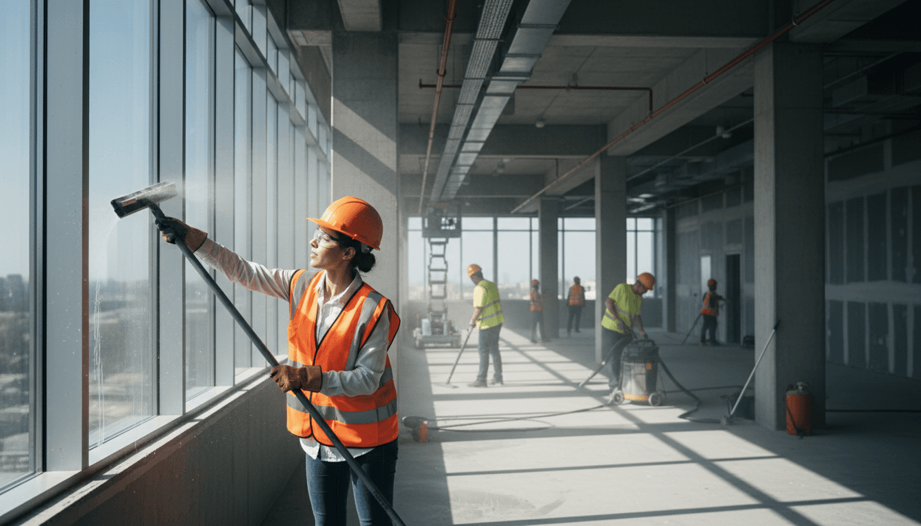 Professional post-construction cleaning crew in Miami working on final cleanup inside a modern commercial building