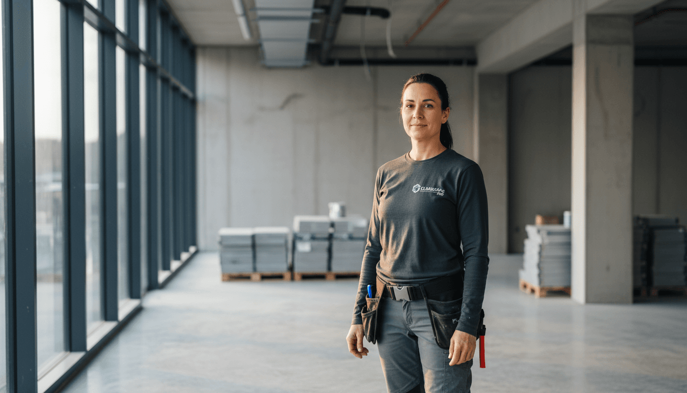 Professional construction cleaning specialist in modern commercial building interior