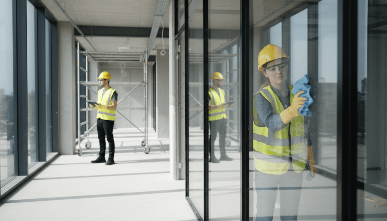 Post-construction cleaning crew performing final surface cleaning in a newly completed commercial building