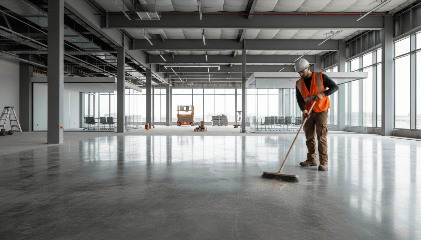 Construction site after professional post-construction cleaning showing polished concrete floors and clean interior space